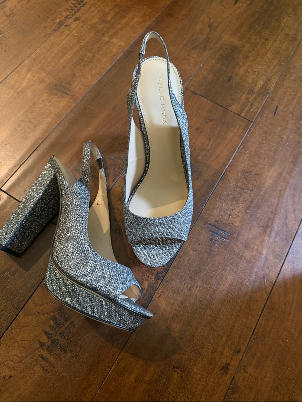 Pelle Moda Silver Glitter Slingback Platform Pumps